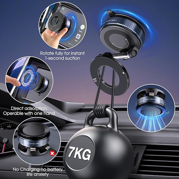 360° Rotatable Vacuum Magnetic Phone Holder, Foldable and Retractable Suction Cup Car Phone Mount for Car/Gym/Mirror/Smooth Surface, Compatible with iPhone Android and All Smartphones (Black)