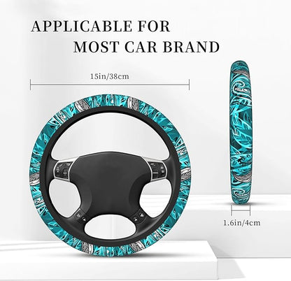 Hawaiian Teal Ocean Tribal Car Steering Wheel Cover for Women Men Stretch Cloth Anti-Slip Wrap Protector Case Fit Universal Auto Accessories Decor Sweat Absorption 14-15 Inch