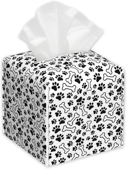 Animal Paws Tissue Box Cover,Dog Bones PU Leather Tissue Box Holder Square,Modern Home Decoration for Bathroom Living Room Kitchen Office Car,5.2"×5.2"×5.2"