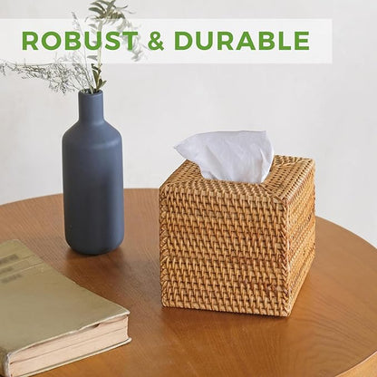 Natural Rattan Tissue Box Cover, Hand Woven Square Wicker Holder for Facial Tissues, Wicker Napkin Holder Ideal for Bathroom Living Room, Tissue Holders Decorative for Kitchen Office and Desk