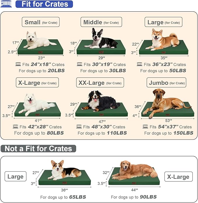 Tail Stories Outdoor Extra Large Dog Bed, Waterproof Dog Bed for Large Dogs, Orthopedic Egg Crate Foam Pet Bed with Washable Removable Oxford Cooling Cover, 44x32 Inch, Dark Green