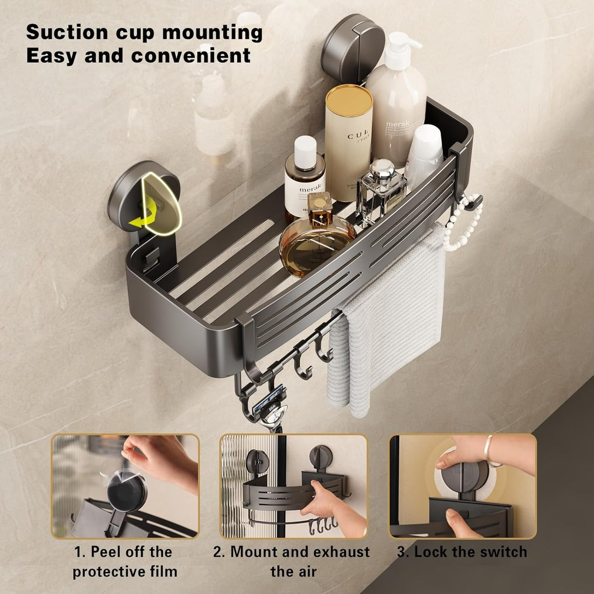 VOLPONE Corner Shower Caddy Suction Cup Shower Shelf Corner No Drilling Bathroom Shower Organizer Storage Rack Adhesive with Towel Bar Hooks(1-Pack, Gray)