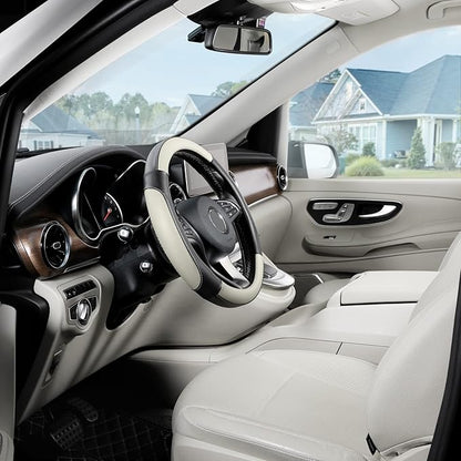 SEG Direct Car Steering Wheel Cover for Medium Standard Size Steering Wheels with 14 1/2-15 inches Outer Diameter, Black and Gray Microfiber Leather