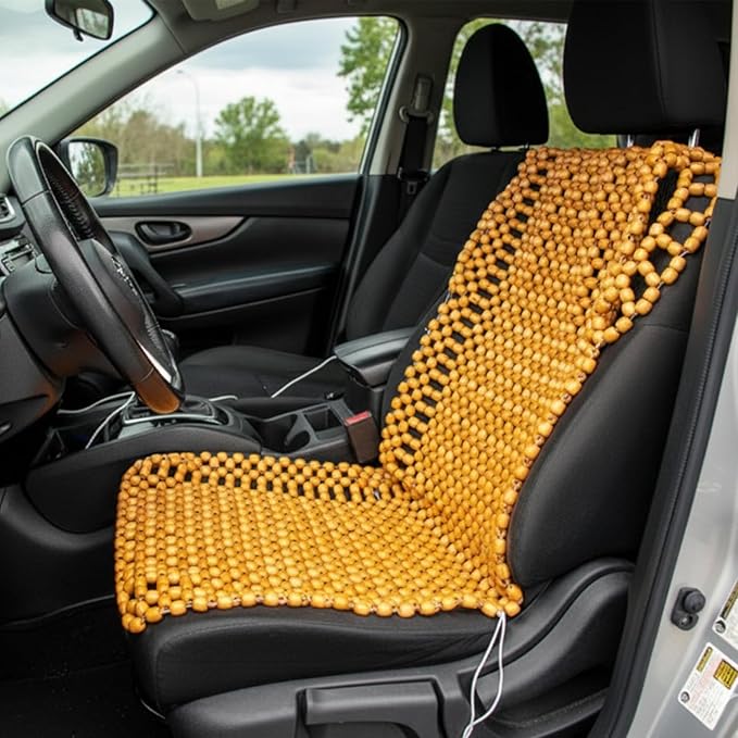ZONETECH Beaded Car Seat Cover, Cooling Wood Bead Seat Cover, Breathable Semi Truck Seat Covers Massaging, Anti-Sweat and Back Support Features, Double Strung Universal Fit Natural Color