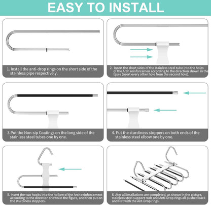Upgrade 6 Layers Pants Hangers Space Saving, 2Pack Stainless Steel Multifunctional Rack Non Slip S-Type Clothes Jean Hanger Closet Organizer for Jeans Leggings Trousers Skirts Scarf, White