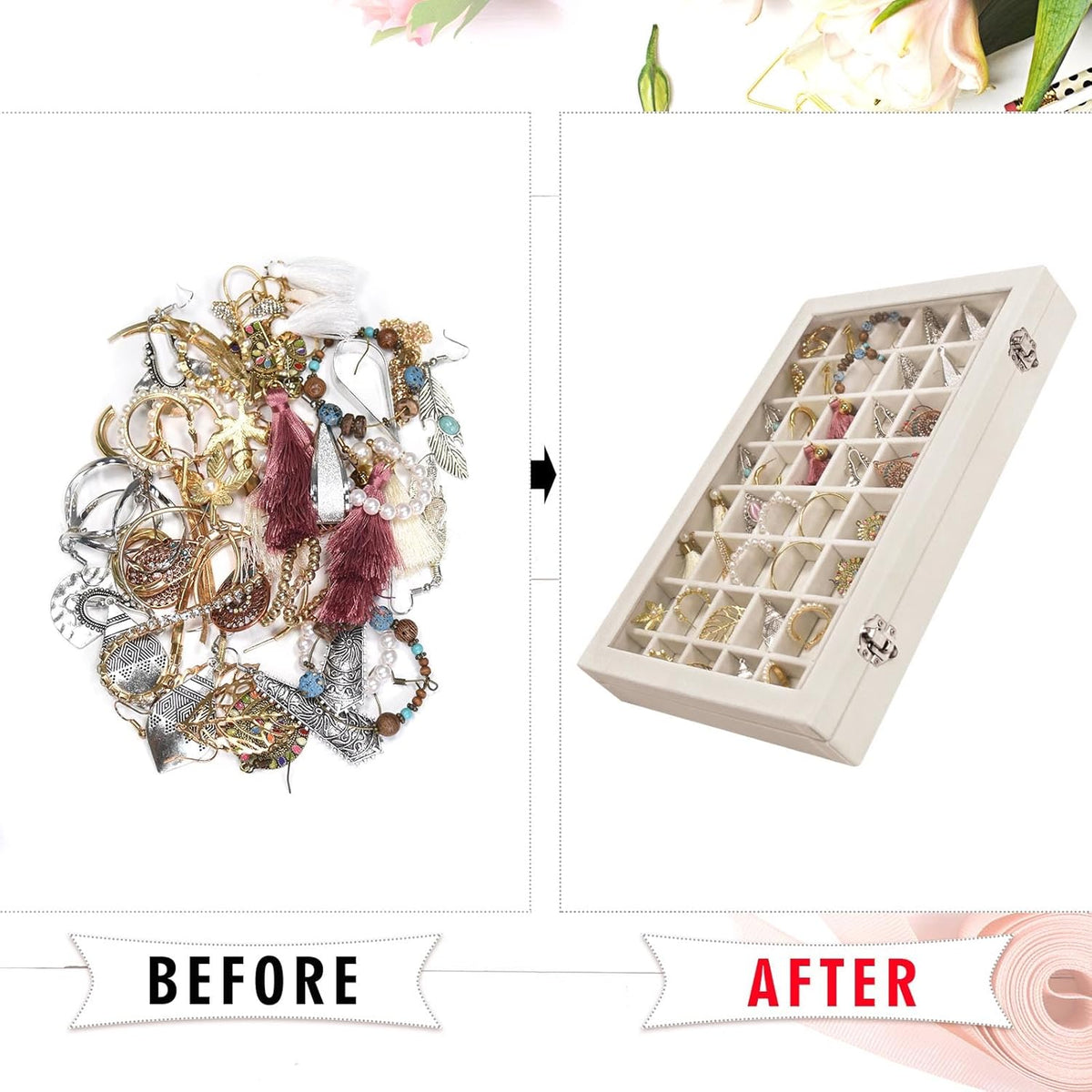 Velvet Jewelry Tray 48 Grid Jewelry Display Tray Organizer Box with Transparent Lid Rings Earrings Necklaces Pendants Display Box Suitable for Women and Girls (Beige)