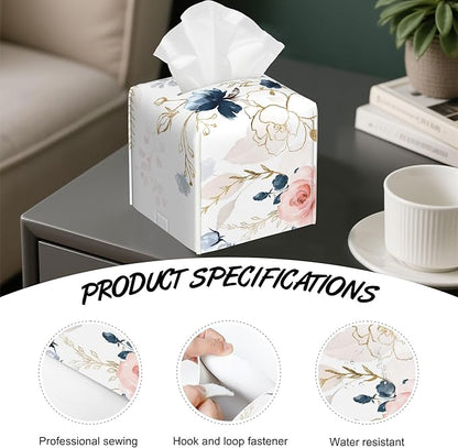 Watercolor Wildflowers Tissue Box Holder,Cube Tissue Box Cover Holder,Leather Facial Paper Organizer Dispenser Home for Bedroom Night Stands,Kitchen,Office and Car,5.2"×5.2"×5.2"