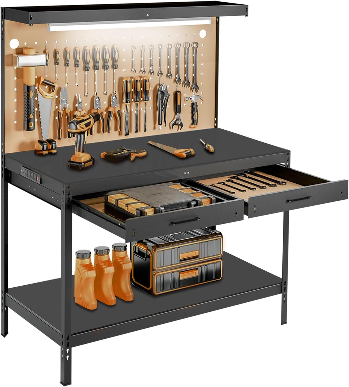 Work Bench, Work Benches for Garage, Work Table, A3 Steel 600LBS Capacity Workbench for Garage Tool Storage Workshop Basement, Tool Table Bench