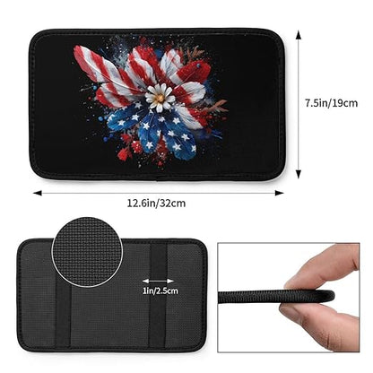 American Flag in Red Flower Car Auto Armrest Cushion Cover Accessories Center Console Seat Box Pad Protector Universal Decoration for Most Vehicle SUV Truck