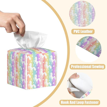 Leather Tissue Box Holder Unicorn Silhouette on Rainbow Stripes Tissue Box Cover Facial Paper Case Organizer Cube Napkin Dispenser for Bathroom Vanity Countertop Night Stand Office Car