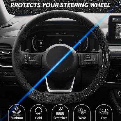 SEG Direct Diamond Flat Bottom Steering Wheel Cover, D Shaped Car Wheel Cover 14 1/2-15 in. (37-39 cm), Bling Sparkly Rhinestones, Black with Black Diamond