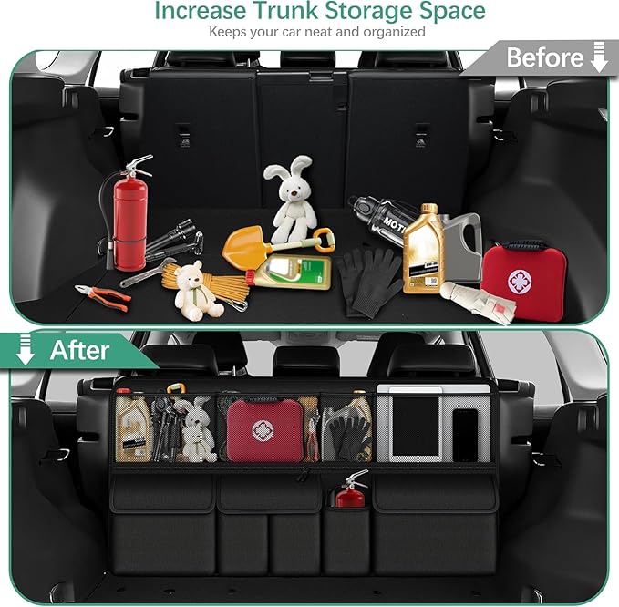 Hanging Trunk Organizer Fit For JEEP Grand Cherokee Foldable Large Capacity 41.3x20 inch Backseat Trunk Organizers Storage with Multi Pockets（Black）