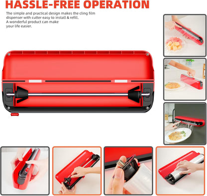 Aluminum Foil & Plastic Wrap Dispenser with Cutter - Easy One-Hand Operation, Space-Saving Kitchen Organizer for Worktops & Cabinets, Magnetic Cling Film Dispenser - Fits 12" Rolls, Red