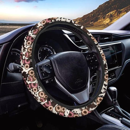Universal Non-Slip Steering Wheel Cover, 15-inch Polyester Material Driving Accessories, Adjustable for Car and Truck(Sunflower Heart Leopard Print)