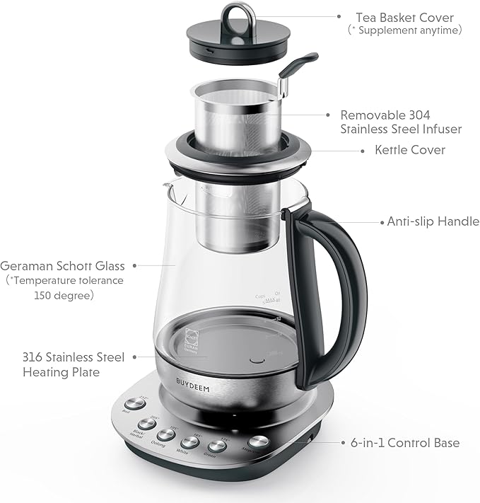 BUYDEEM K2423 Tea Maker, 316 Stainless Steel & Heat Resistant DURAN Glass