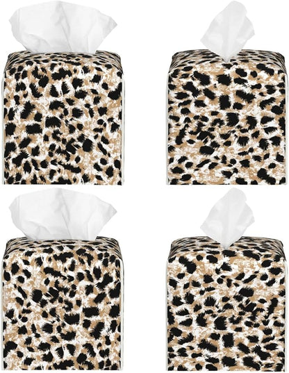 PVC Tissue Box Cover Holder,Leopard Square Decorative Organizer,5.2"X5.2"X5.2" Tissue Case for Bathroom, Tabletop, Car, Office