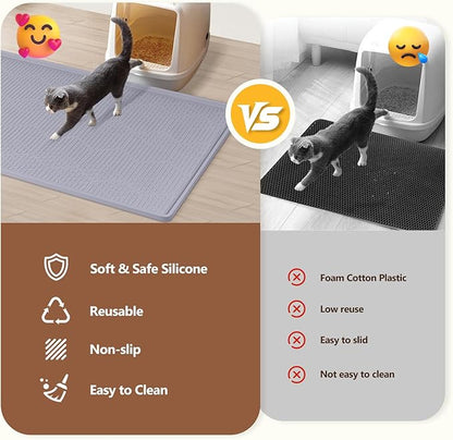 Bartuke Large Cat Litter Mat with Toy Ball, 38'' x 25'' Silicone Cat Litter Trapping Mat for Scatter Control, Soft on Kitty Paws, Easy to Clean (Light Grey)