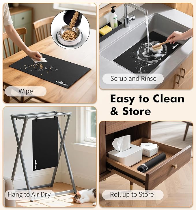 UPAWPIA Pet Food Mat Absorbent Cat Food Mat Dog Mat for Food and Water Quick Dry No Stains Dog Feeding Mat Placemat for Messy Drinkers Cat Food Mats for Indoor Cats Bowl Mat Pet Supplies 17"X28" Black