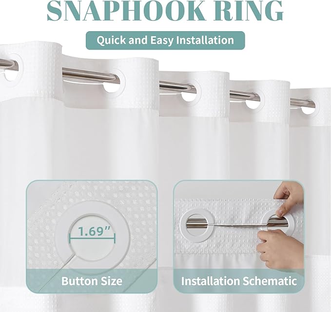 eachope White No Hook Waffle Weave Shower Curtain with snap-in Liner Replacement, 230GSM Waterproof Fabric Hotel Shower Curtain Set for Bathroom, Through Mesh Top Window,71Wx82H