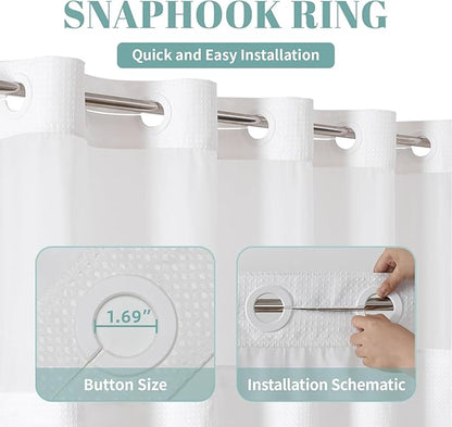 eachope White No Hook Waffle Weave Shower Curtain with snap-in Liner Replacement, 230GSM Waterproof Fabric Hotel Shower Curtain Set for Bathroom, Through Mesh Top Window,71Wx82H