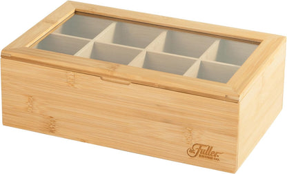 Fuller Bamboo Tea Box Organizer with 8 Compartments – Natural Bamboo Tea Storage Case with Clear Acrylic Lid – Elegant Fuller Tea Caddy for Tea Bags, Coffee Pods, Spices & More – Home & Office