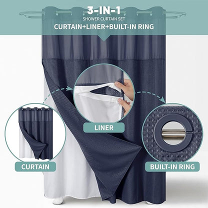 eachope Navy Long No Hook Waffle Weave Shower Curtain with snap-in Liner Replacement, 230GSM Waterproof Fabric Hotel Shower Curtain Set for Bathroom, Through Mesh Top Window,71Wx80H