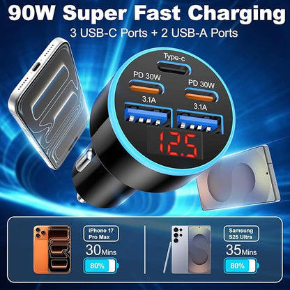 90W USB C Fast Car Charger, 2-Pack 5 Port USB C Car Phone Charger with Voltage Display, Dual PD 30W Multi Port Cigarette Lighter USB Charger for iPhone 17/Air/16/15 Pro Max,Galaxy S25/S24,iPad