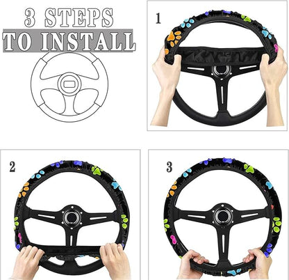 AFPANQZ Puppy Paw Prints Car Steering Wheel Covers Sweat Absorption Comfortable Grip Universal 14-15 inch Stretch-on Fabric Keep Warm Steering Wheel Protector for Women Gift Black Colored