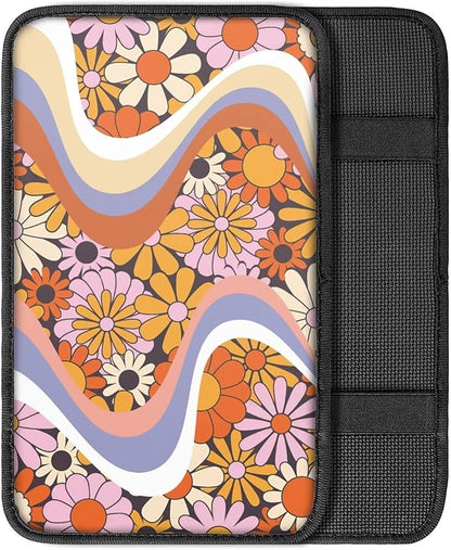 UNICEU Cute Daisy Flower Twirl Print Car Center Console Armrest Cushion Cover Auto Accessories for Women Neoprene Car Armrest Box Protector Pad