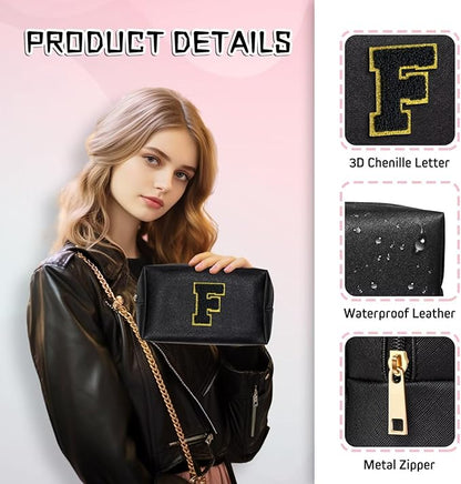 TOPEAST Personalized Makeup Bag, Chenille Letter Pouch Cosmetic Bag w Zipper, PU Leather Waterproof Toiletry Bag, Bridal Shower Gifts for Bridesmaids, Cute Stuff for Girls (Black P)