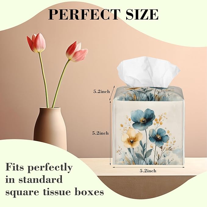 Watercolor Blue and Gold Poppy Tissue Box Cover,Abstact Flowers Plants Waterproof Leather Square Tissue Box Cover Case Facial Paper Organizer Dispenser Box Holder for Home Office Bathroom Vanity