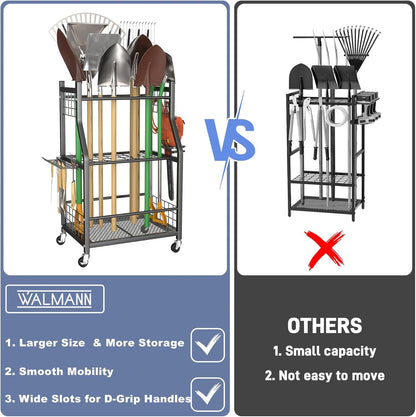 WALMANN Garden Tool Organizer with Wheels for Garage, Rakes/Shovels/Yard Tools Storage Stand for Garden, Shed, Indoor/Outdoor Long-Handled Tools Rolling Cart