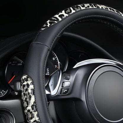 Flying Banner car Steering Wheel Cover Gel Massage Velvet Cool Warm Universal Size 15 inches SUV Truck Anti Slip Odorless Summer Winter (Black Gray Leopard Print, Gel Massage)