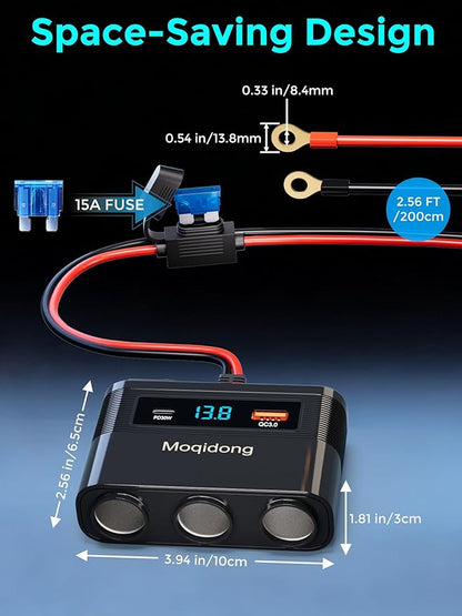 5 in 1 Cigarette Lighter Splitter, 180W Car Charger Adapter with USB PD/QC 30W (6.6FT Cable), 24V/12V Cigarette Socket Eyelet Terminal Battery Power Plug with Main Switch & LED Voltage Display