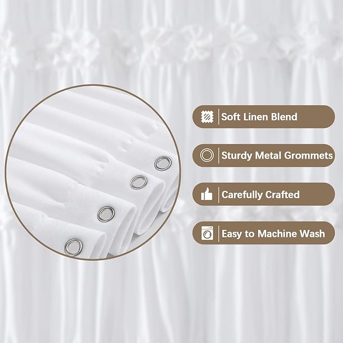 XOGUIBO Ruffle Shower Curtain with Handmade Bow Tie, White Linen Vintage Farmhouse Shower Curtain for Bathroom, 72" W x 90" H