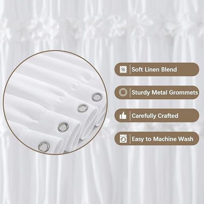 XOGUIBO White Ruffle Shower Curtain with Handmade Bow Tie, Linen Vintage Farmhouse Shower Curtain for Bathroom, 72" W x 78" H