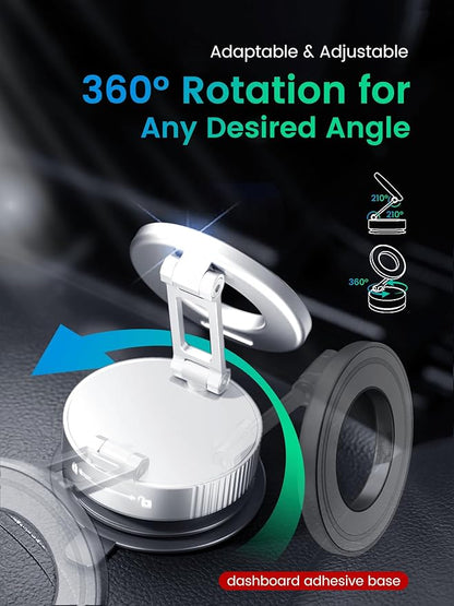 Vacuum Magnetic Phone Holder for MagSafe,Foldable Metal Suction Cup Phone Mount,360° Rotatable Phone Mount for All Smartphones & All Car Models-Silver