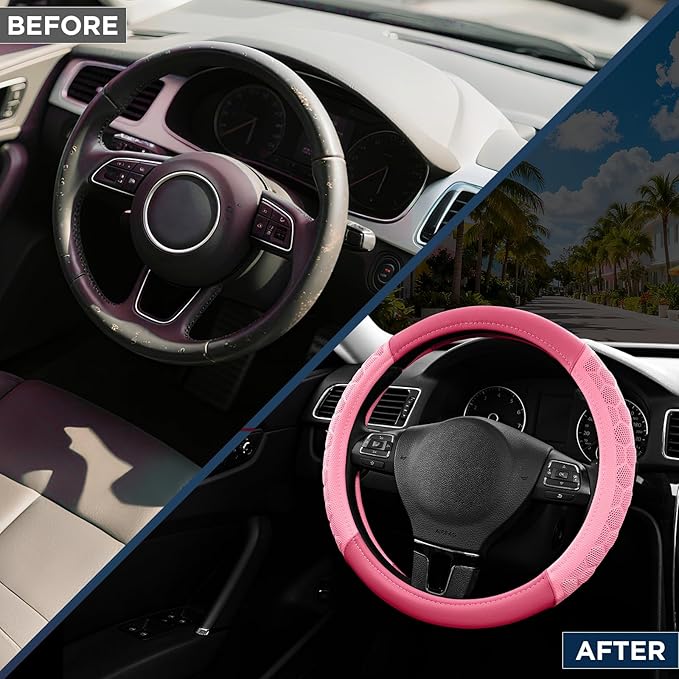 PIC AUTO Massage Steering Wheel Cover, Pink Football Pattern Material Spliced & Hotpink Leather Car Steering Wheel Cover, Car Steering Cover, Universal Fit 14.5"-15.5" for Cars, Trucks, Van, SUVs