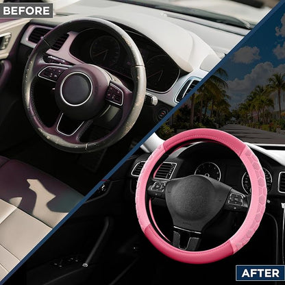PIC AUTO Massage Steering Wheel Cover, Pink Football Pattern Material Spliced & Hotpink Leather Car Steering Wheel Cover, Car Steering Cover, Universal Fit 14.5"-15.5" for Cars, Trucks, Van, SUVs