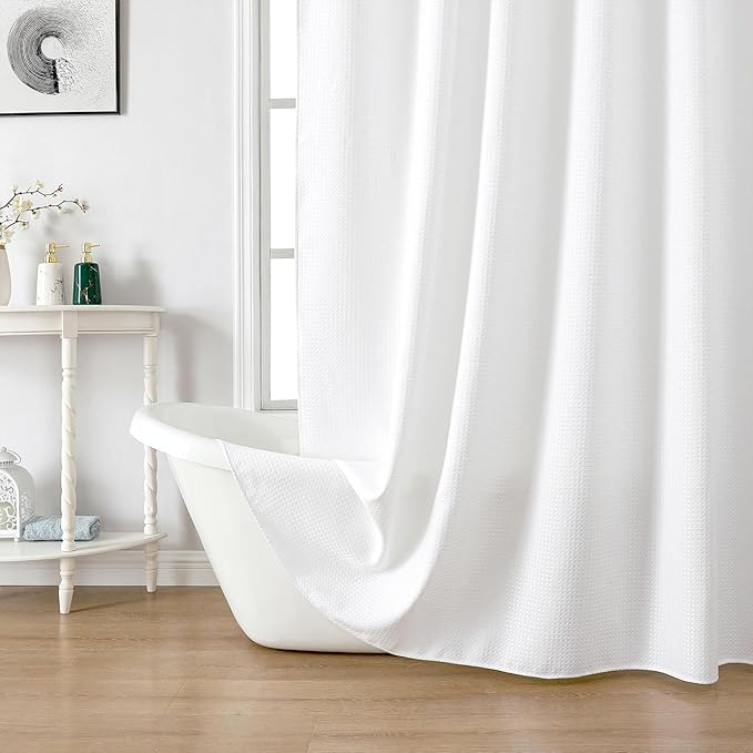 meioro White Shower Curtain, Waffle Weave 256GSM Heavy Duty Textured Fabric Shower Curtains for Bathroom Hotel Spa, Luxury Weighted Polyester Cloth Bath Curtain Set with 12 Hooks, 72Wx84H