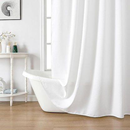 meioro White Shower Curtain, Waffle Weave 256GSM Heavy Duty Textured Fabric Shower Curtains for Bathroom Hotel Spa, Luxury Weighted Polyester Cloth Bath Curtain Set with 12 Hooks, 72Wx78H