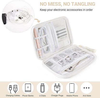 Mkono Electronics Organizer Travel Cable Cord Organizer Cotton Bag, Portable All-in-One Accessories Travel Essentials Storage Case with Tassel for Cable Charger Phone USB Pouch for Women, White