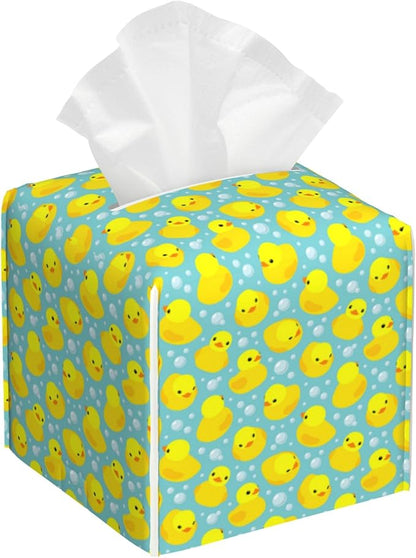 BLYKVGHQ Yellow Rubber Ducks Tissue Box Cover Square, Tissue Box Holder with Bottom Belt Leather Facial Paper Organizer Dispenser for Bathroom Bedroom Dresser Night Stand Tabletop