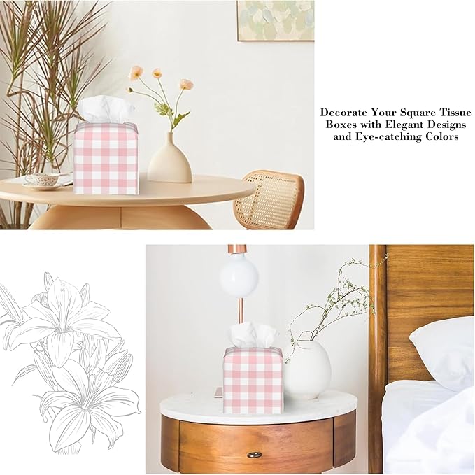 Pink and White Checkerboard Tissue Box Cover,Colorful Buffalo Check Plaid Waterproof Leather Square Tissue Box Cover Case Facial Paper Organizer Dispenser Box Holder for Home Office Bathroom Vanity