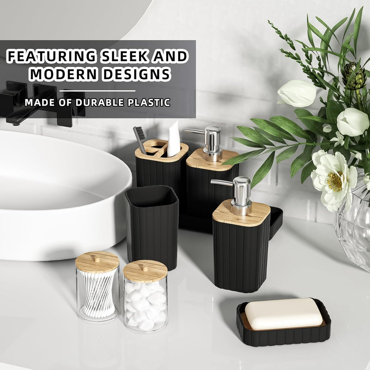 Bathroom Set - 25PC Black Bathroom Set with Shower Curtain and Rugs, Bathroom Accessories Set, Black Shower Curtain Set with Bathroom Trash Can