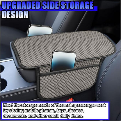 Car Center Console Cover, Cooling Auto Armrest Cushion Pad with 2 Storage Bags, Breathable Elbow Pillow Middle Console Protector, Universal Vehicle Interior Accessories (Grey)