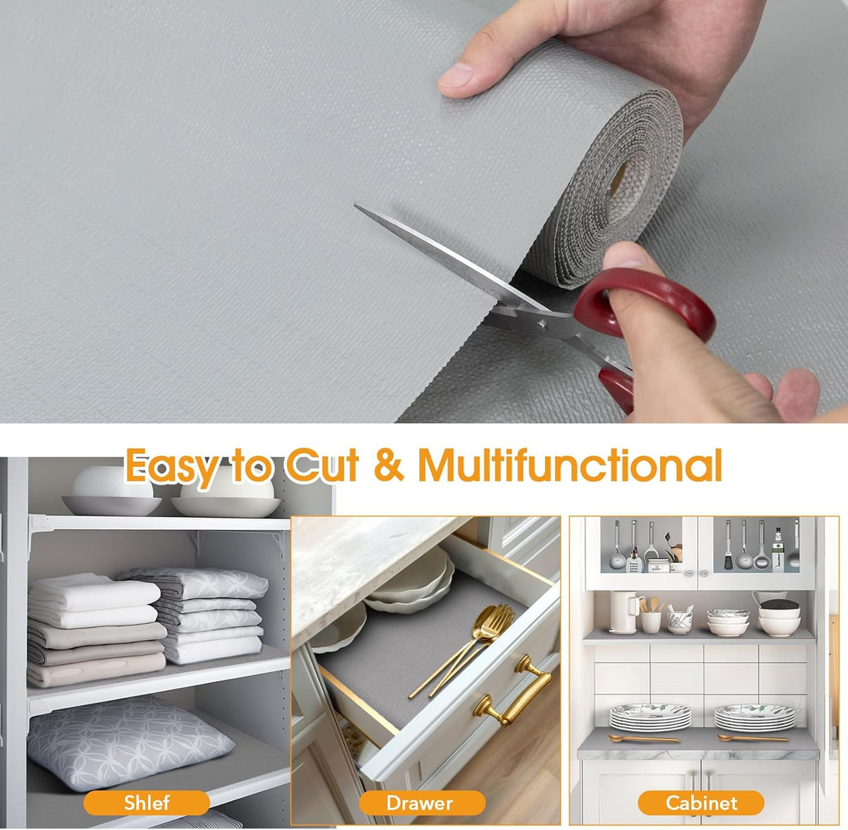 Shelf and Drawer Liner for Kitchen Cabinets Non-Adhesive, Strong Grip Non-Slip Thickened Cabinet Liners for Shelves, Waterproof Mats for Dresser Cupboard, Pure Gray, 17 in x 10 Feet