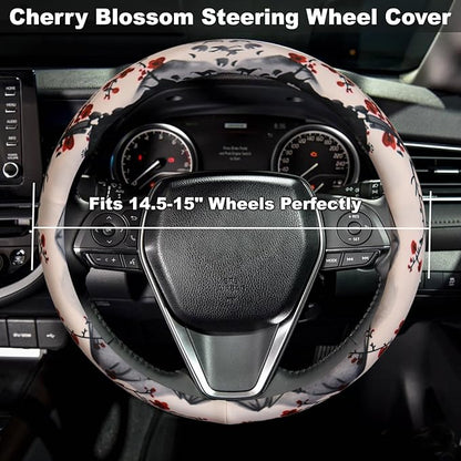 Cherry Blossom Japanese Sakura Steering Wheel Cover for 14.5-15 Inch (37-38 cm) Wheels, Premium Fabric with Non-Slip Rubber Inner Ring