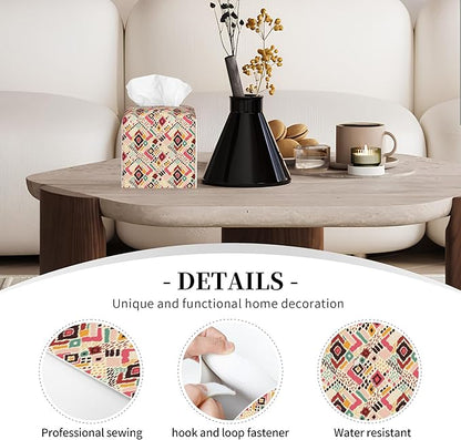 POIUBLE Tissue Box Holder Tribal Geometric Tissue Box Cover Square Leather Tissue Holder Organizer Portable Decorative Facial Paper Case for Home Office Bathroom Vanity Countertop