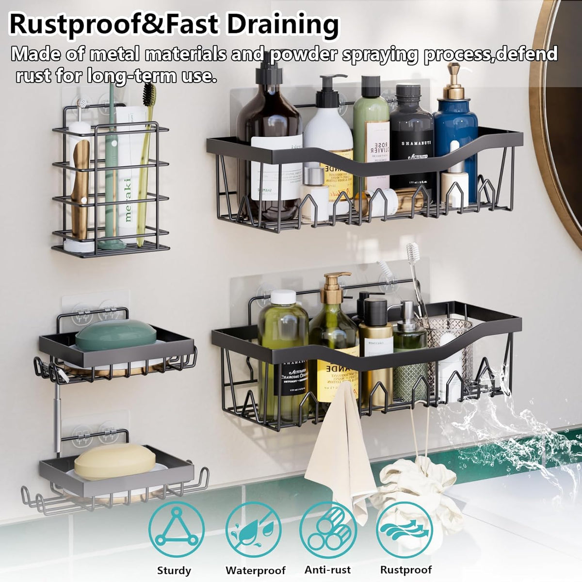 30PC Bathroom Accessories Set - Gorgeous Black Bathroom Set, Bathroom Accessory Set, Black Shower Curtain Set with Shower Caddies